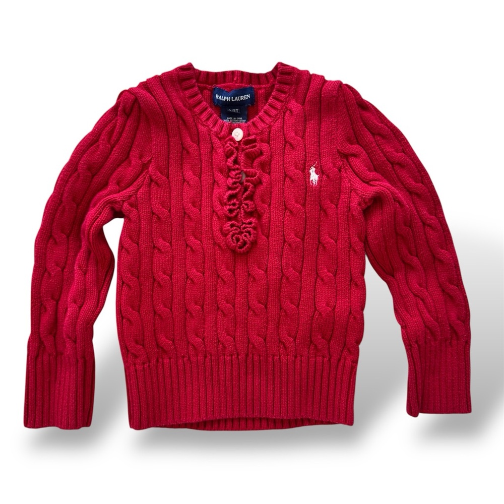 Ralph Lauren Girls Cable Knit Sweater Ruffle Red size 3 / 3T